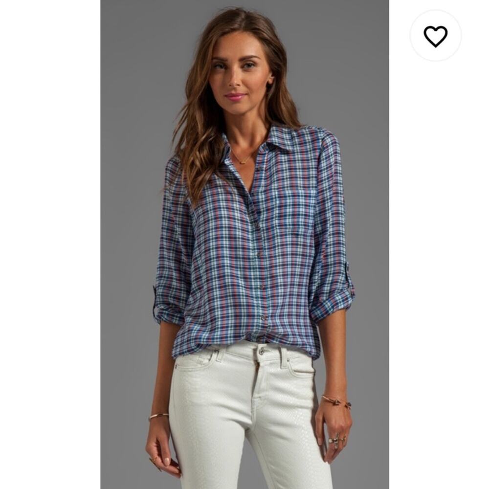 NWT Joie Yard Dye Plaid Moshina Top in Peruvian Blue